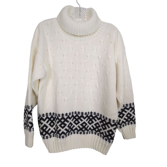 Vintage JOLIE‎ Nordic Sweater With Turtleneck & Black Geometric Pattern sz M / L - Picture 1 of 16